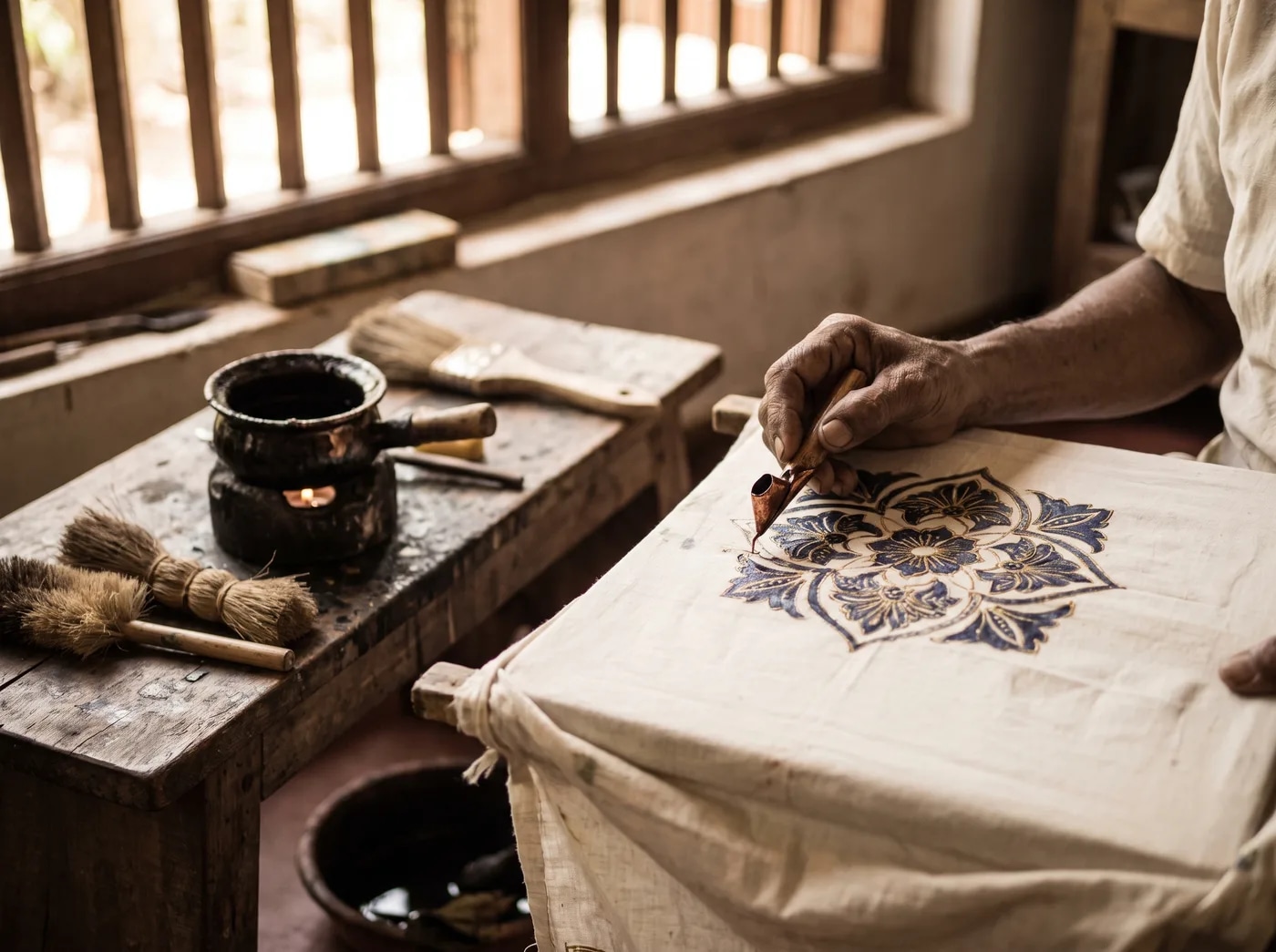 Hands drawing hot wax onto cotton with a copper tjanting tool.