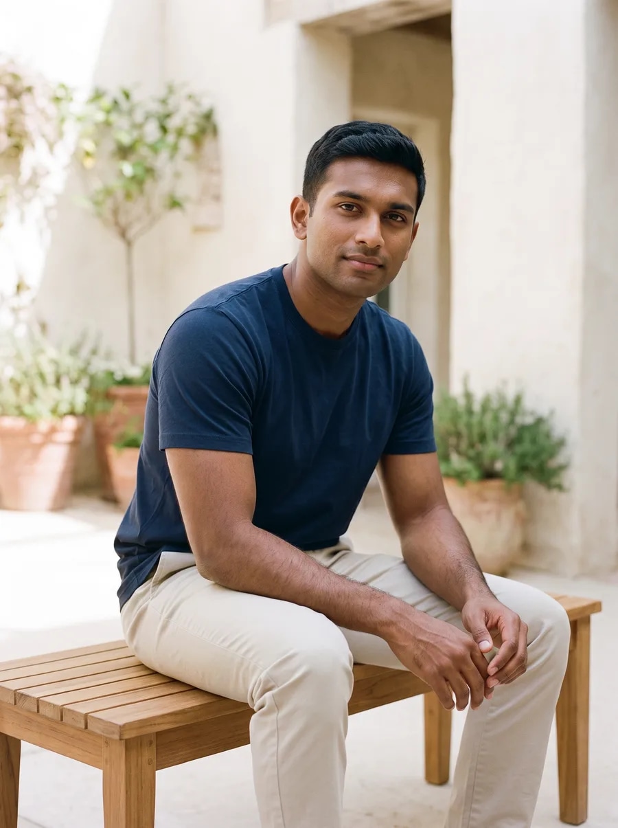 A man in a navy cotton t-shirt, seated in a cream courtyard.
