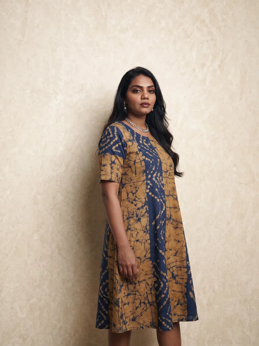 The Galle wax frock in indigo batik, standing beside a plaster wall.