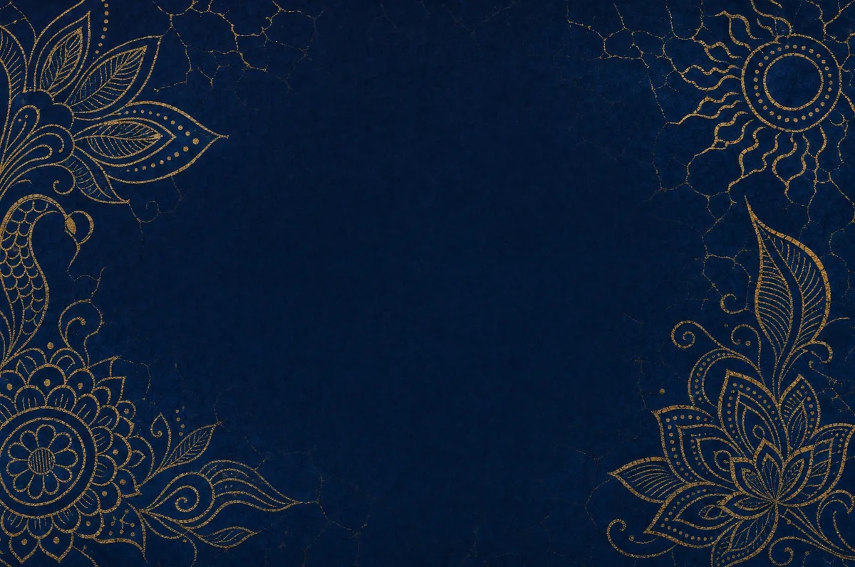 Deep navy campaign ground with sparse gold batik linework.