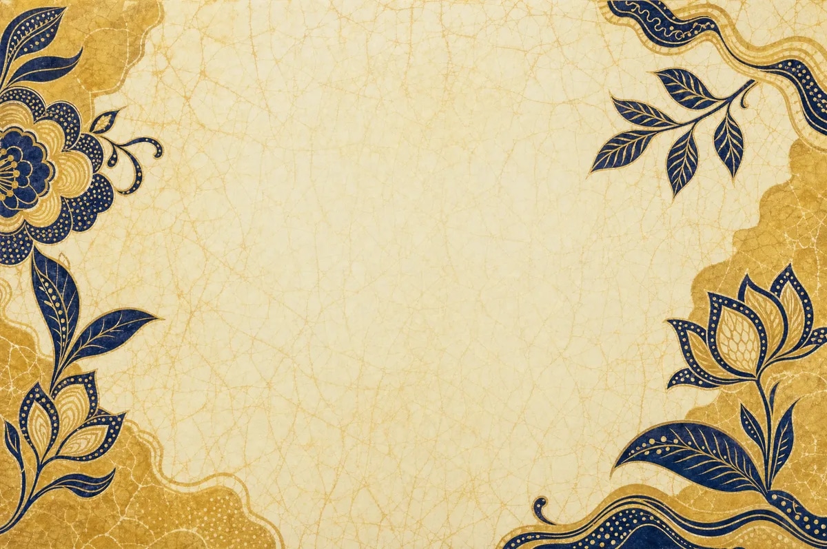 Warm gold and ivory campaign ground with fine navy batik linework.